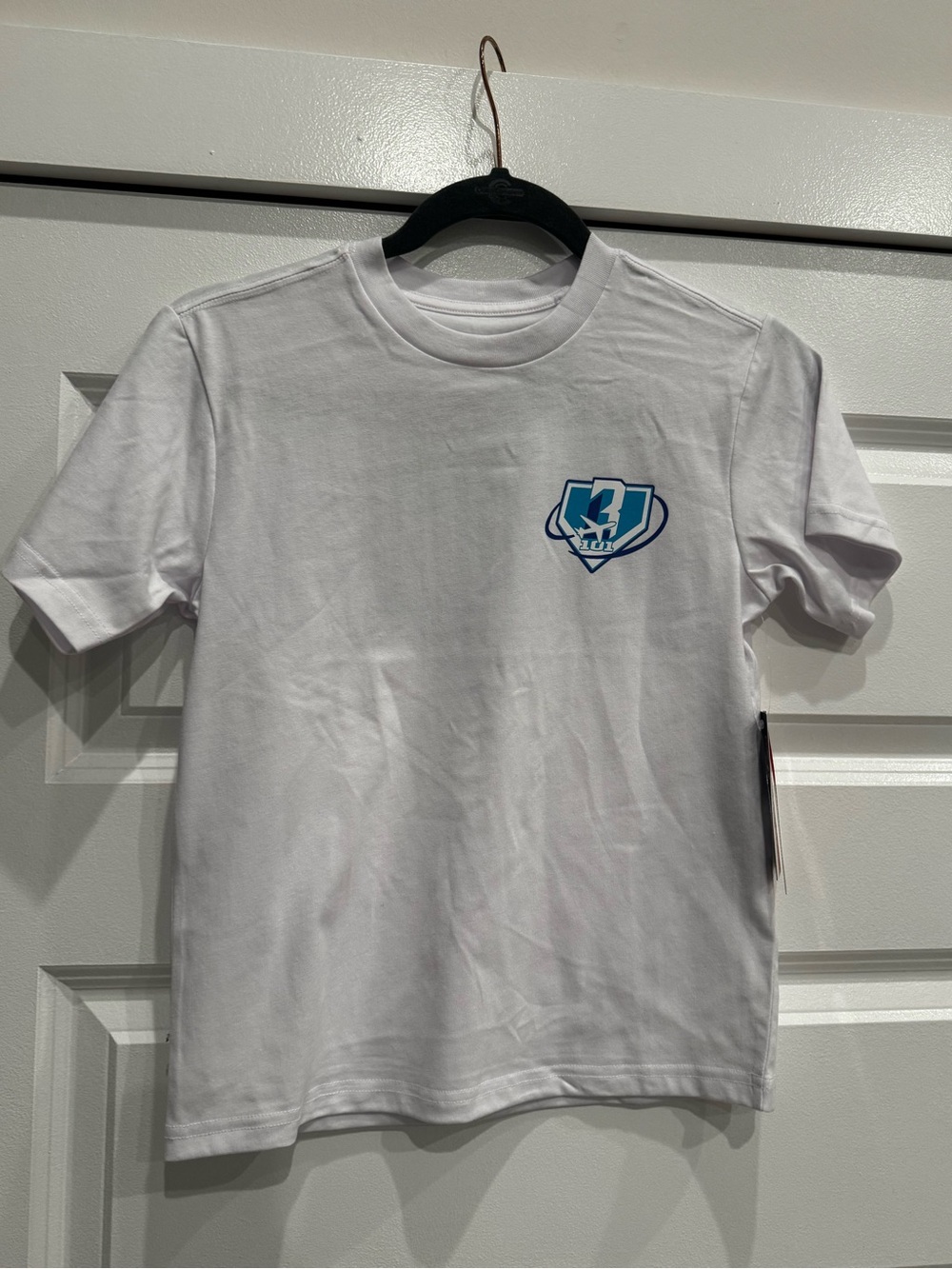 Youth White Short-Sleeve Tee with Blue Shield Graphic